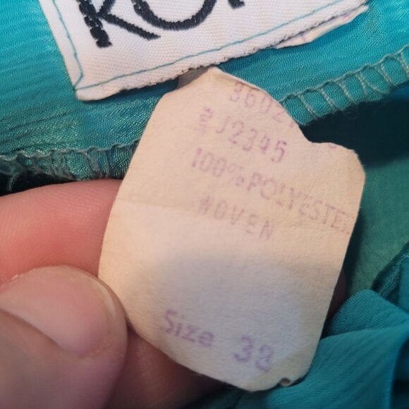 Vintage Polyester Blouse Turquoise Ruffle 70s Union Made Button Front Sz 38 Lrg - Picture 5 of 11